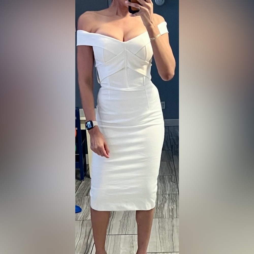 Lavish Alice Bardot Ponte Midi Dress Bodycon Wrapped Ruche in White Size 8 NWT